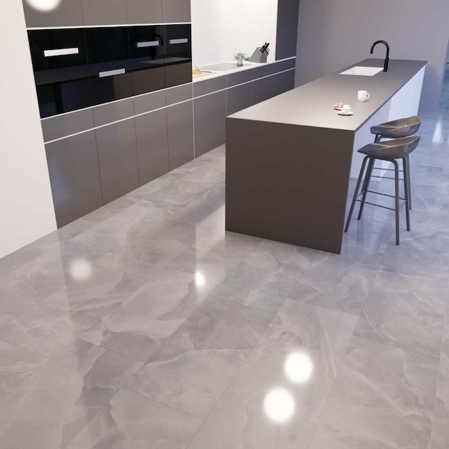 Floor Tile: Glossy Tonal Grey Marble Look for Modern Kitchens