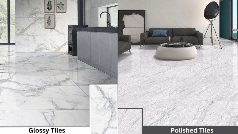 Floor Tile: Glossy vs Polished Marble Look Comparison Graphic