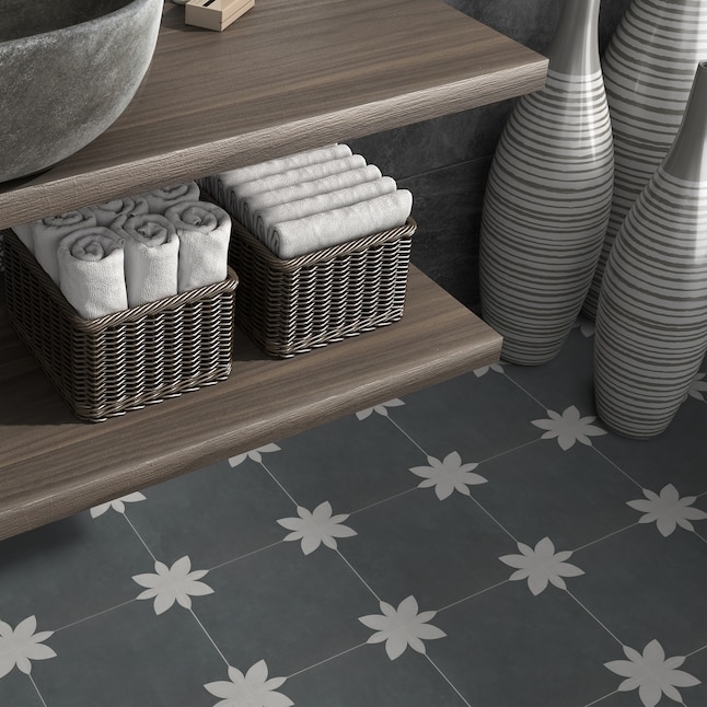 Floor Tile Gray Floral Geometric Lattice Matte Modern Farmhouse