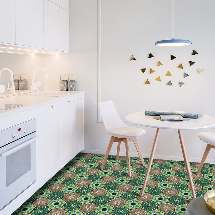 Floor Tile, Green Mandala Hexagonal Peel and Stick Vinyl