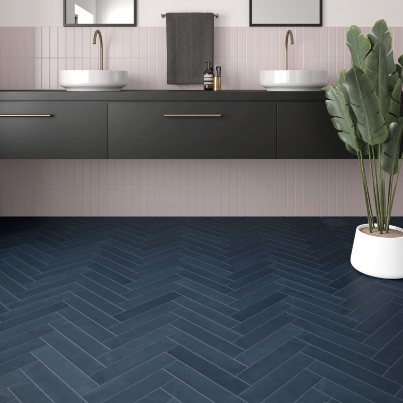 Floor Tile Herringbone Dark Blue Matte Modern Bathroom