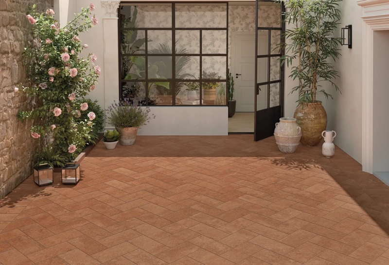 Floor Tile: Herringbone Layout, Terracotta, Stone-Walled Courtyard, Rustic
