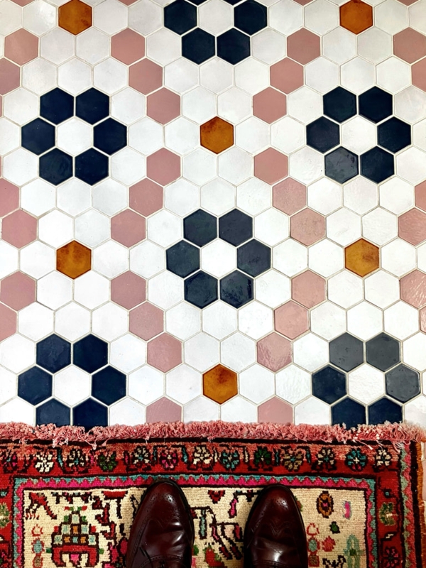 Floor Tile Hexagon Flower Pattern Multi Color Bohemian Entryway Design
