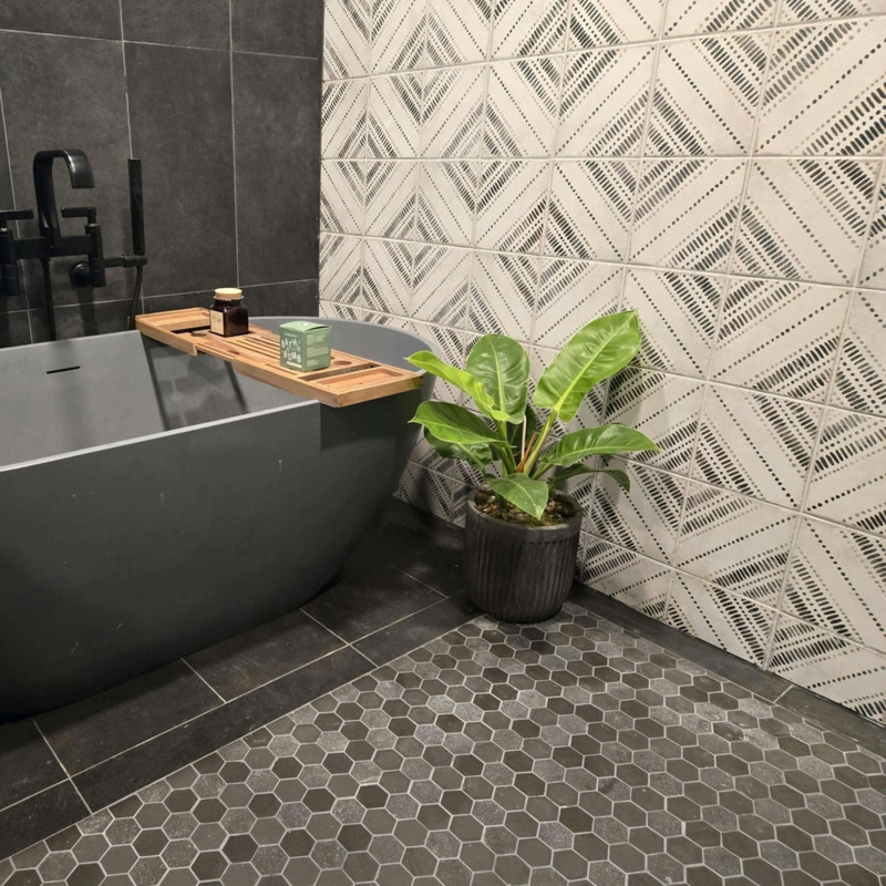 Floor Tile: Hexagon Shape, Charcoal Hexagon Bathroom Floor, Geometric Pattern, Matte