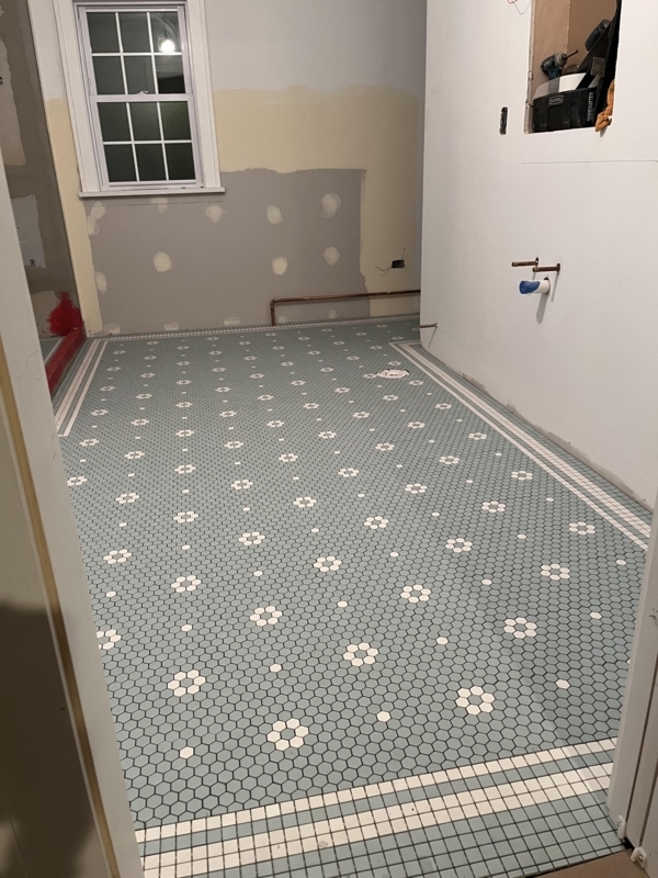 Floor Tile Hexagonal Blue Floral Mosaic Pattern