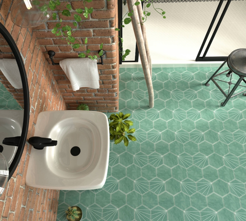 Floor Tile: Hexagonal Starburst Geometric Pattern Industrial Brick Contrast