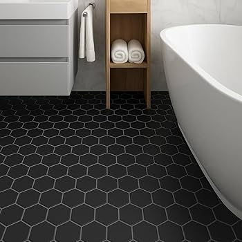 Floor Tile: High Contrast Grout, Modern Black Hexagon Bathroom Floor, Geometric, Matte