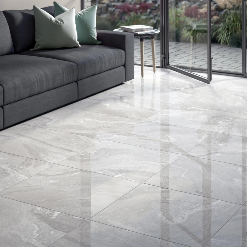 Floor Tile High Gloss Finish Fog Grey Marbled Pattern Reflective