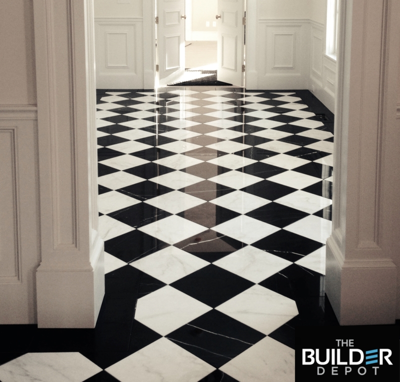 Floor Tile High Gloss Finish Marble Look Black White Diamond Pattern