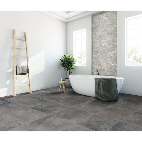 Floor Tile in Bathroom with Freestanding Tub Minimalist Grey Spa