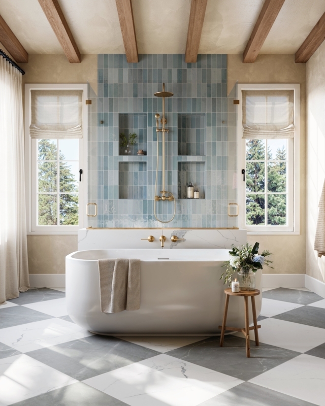 Floor Tile in Grey and White Checkerboard Pattern with Blue Accent Wall