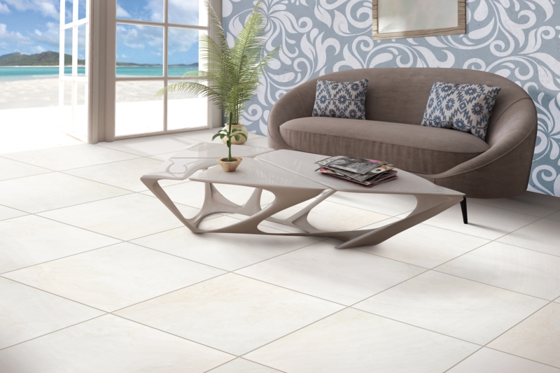 Floor Tile Large Format Beige Sculptural Table Curved Sofa