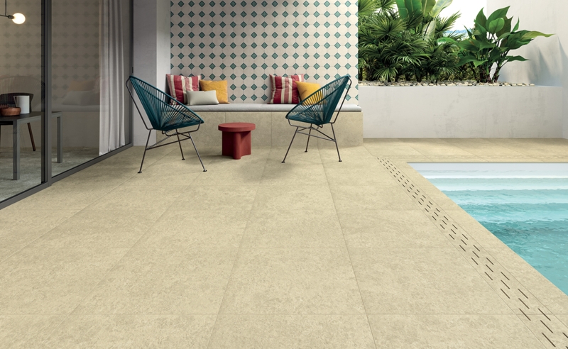 Floor Tile: Large-Format, Geometric Accent Wall, Integrated Drainage, Beige