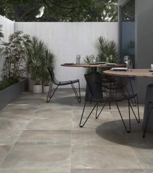 Floor Tile: Large-Format Stone-Look Porcelain, Wire Outdoor Furniture, Gray