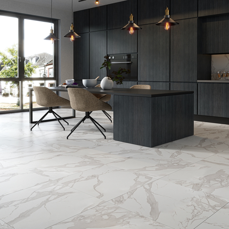 Floor Tile Large Format White Matte Porcelain Dark Kitchen Contrast