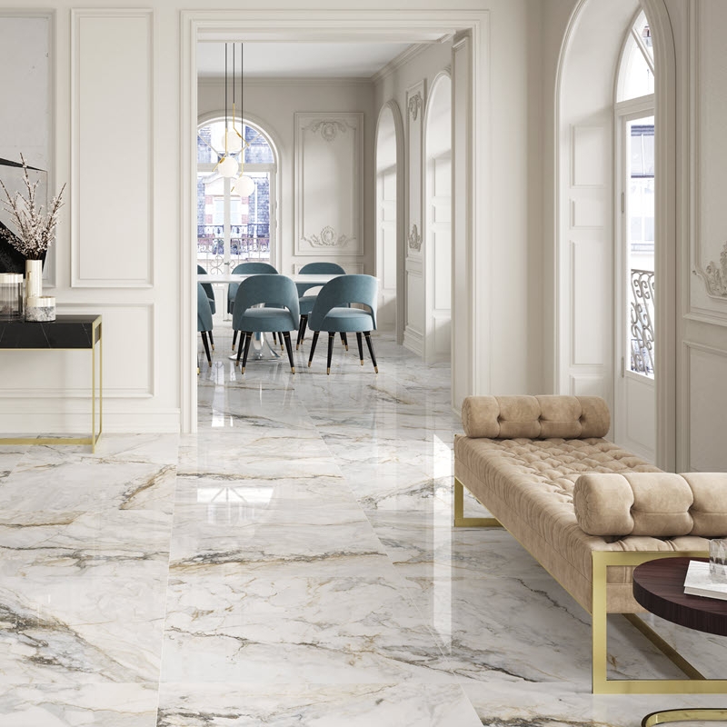 Floor Tile: Large Scale Golden Brown Marble Veining High Gloss