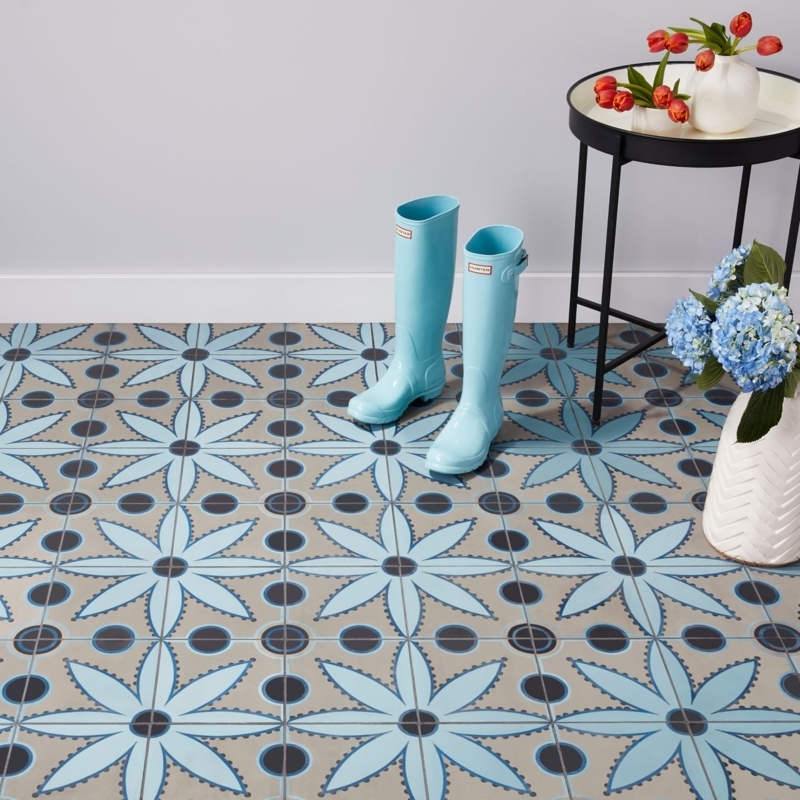 Floor Tile Large Scale Turquoise Floral Pattern, Matte Encaustic Look