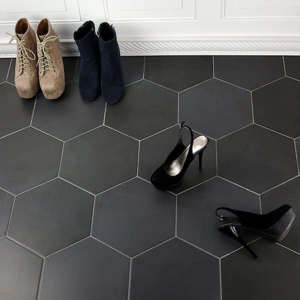 Floor Tile Matte Dark Gray Hexagonal Geometric Contrasting Grout