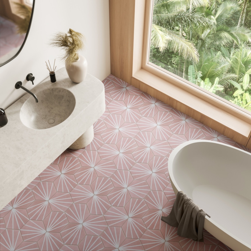 Floor Tile Matte Hexagonal Starburst Pattern Geometric