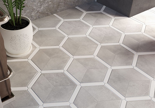 Floor Tile, Matte Light Gray Hexagon with Geometric Border, Modern