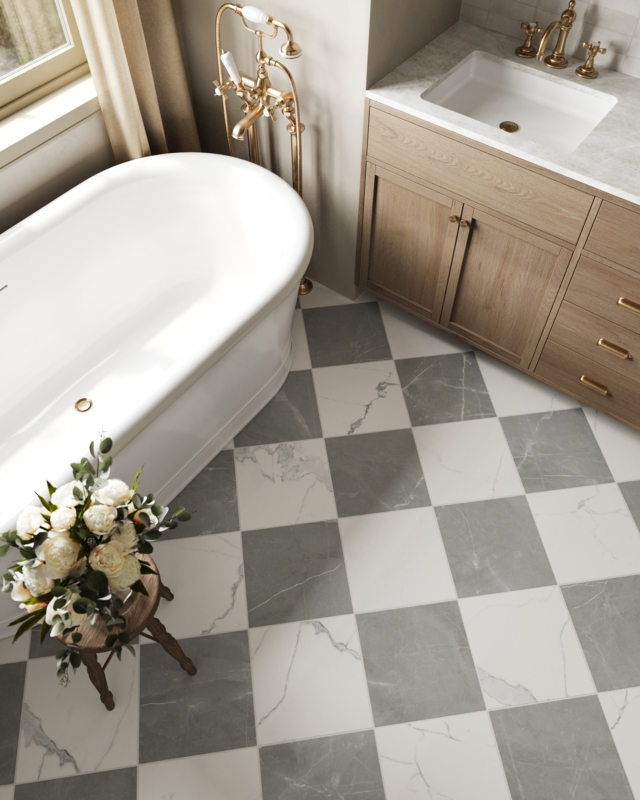 Floor Tile Matte Porcelain Checkerboard White Stone Look Transitional