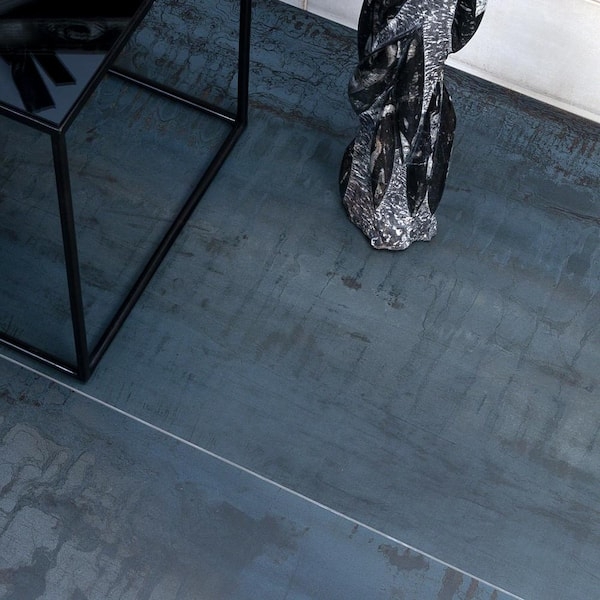 Floor Tile Metallic Dark Blue Oxidized Look Porcelain Industrial