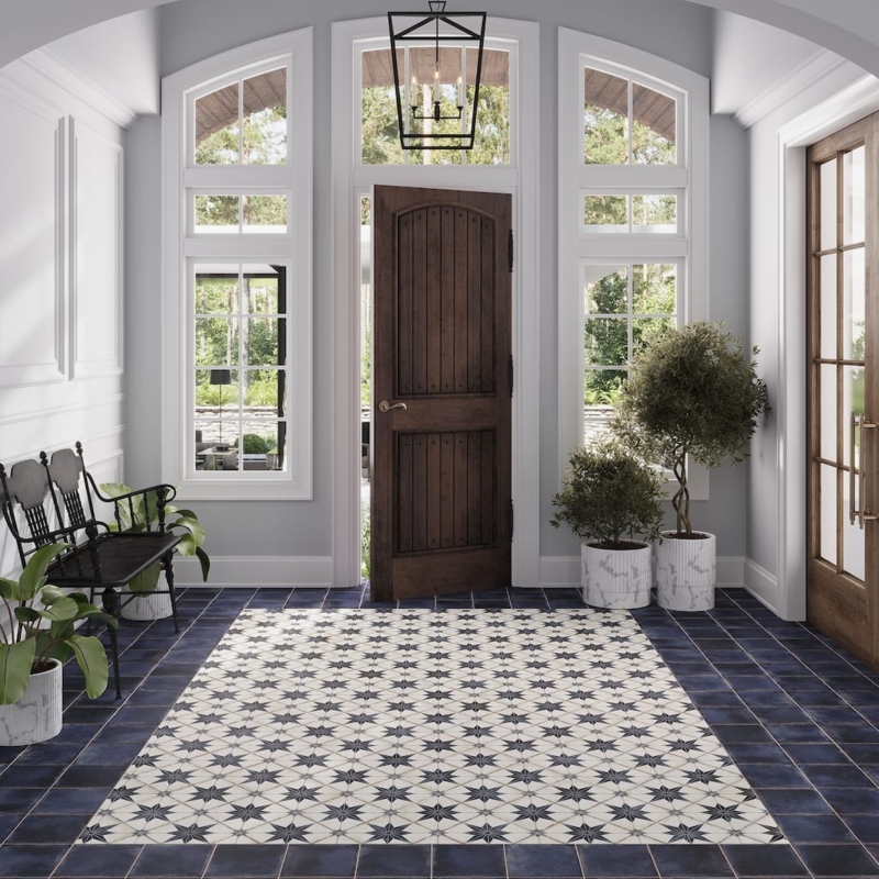 Floor Tile Midnight Navy Star Pattern Bordered Rug Layout