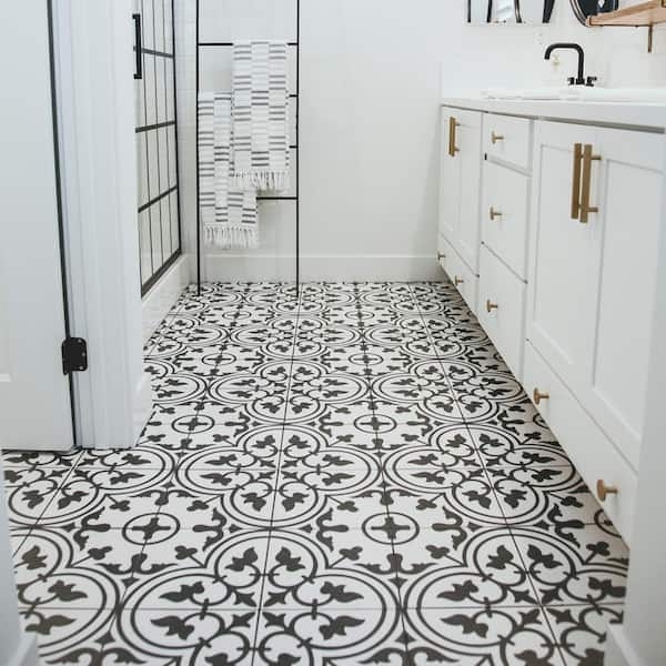 Floor Tile, Modern Black and White Patterned Porcelain, Gold Hardware