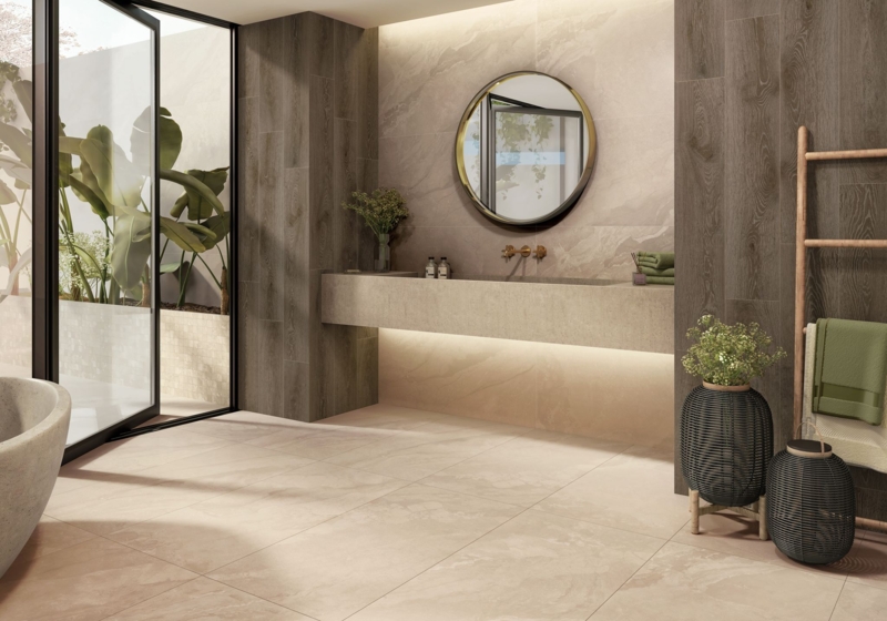 Floor Tile Modern Organic Bathroom Stone Look Under Vanity Lighting