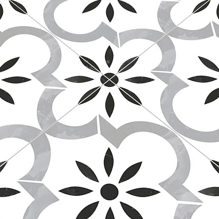 Floor Tile Monochromatic Floral Moroccan Encaustic Look Matte