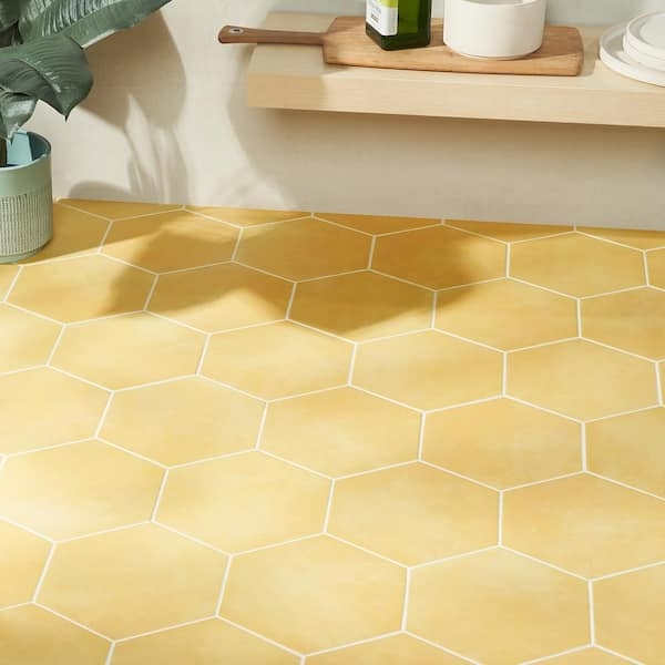 Floor Tile Mustard Yellow Matte Large Format Hexagonal Design