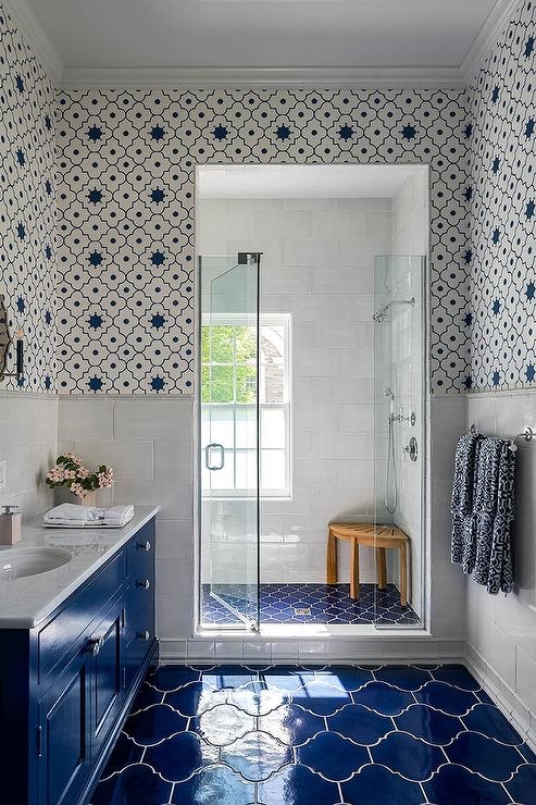 Floor Tile Navy Blue Glossy Moroccan Ogee Pattern Bathroom