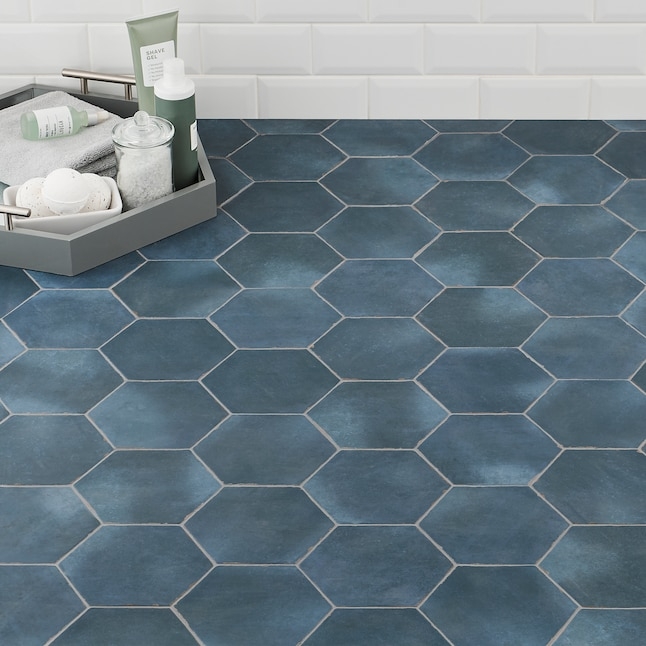 Floor Tile Navy Blue Hexagonal Weathered Matte Encaustic Look
