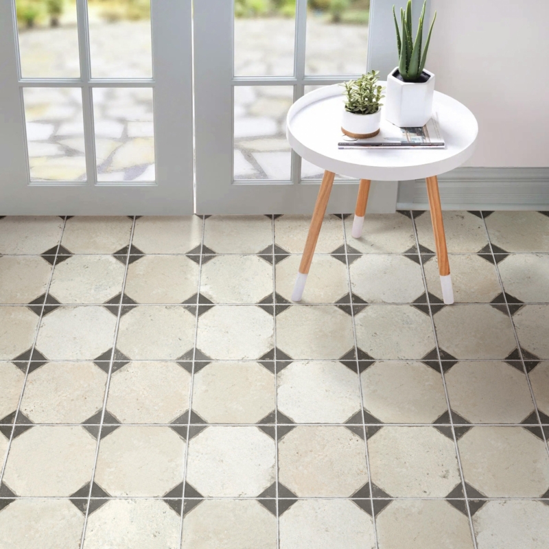 Floor Tile Octagonal Geometric Look Weathered Cream Grey