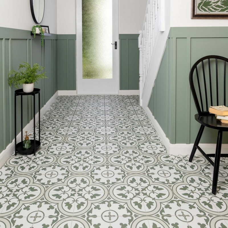 Floor Tile Olive Green Victorian Pattern Shaker Panel Wainscoting