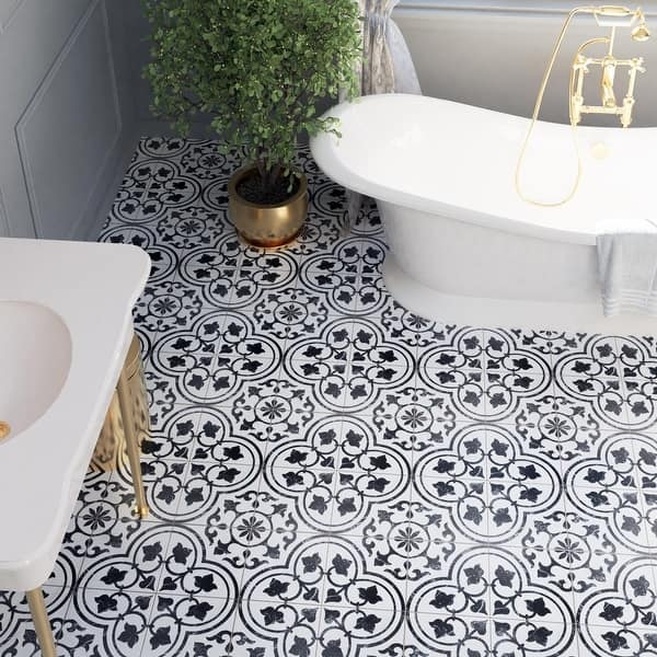 Floor Tile Ornate Black Pattern Monochrome Damask Porcelain