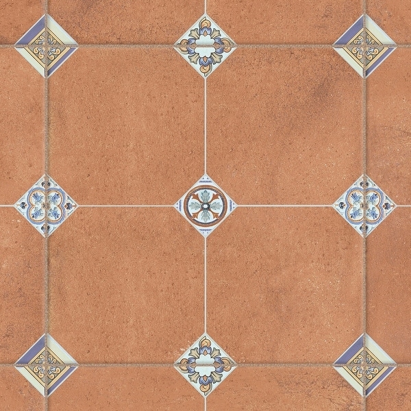 Floor Tile Ornate Medallion Inserts Warm Terracotta Tone Matte