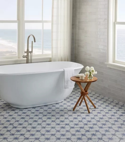 Floor Tile Pattern in Blue Starburst for Coastal Bathroom