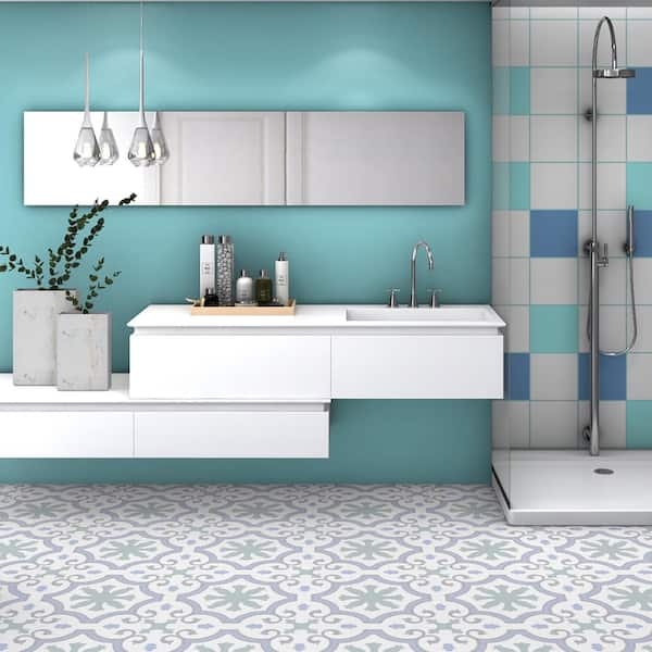Floor Tile: Patterned Geometric Porcelain Accent Wall Modern Floating Vanity