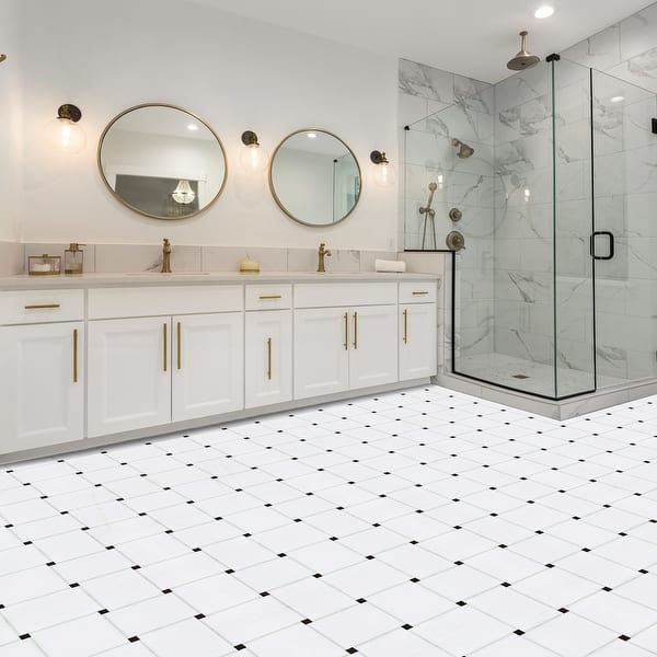 Floor Tile Peel And Stick Basketweave Pattern Marble Look Bathroom