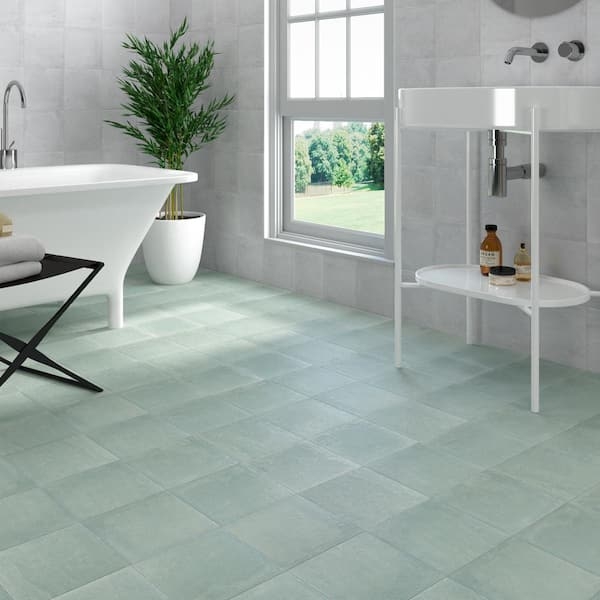 Floor Tile Sage Green Matte Porcelain Encaustic Look Modern Bathroom