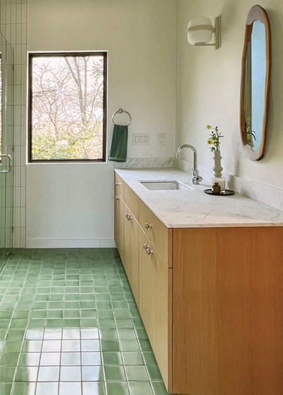 Floor Tile Scene: Glossy Sage Green Square Grid Wood Vanity