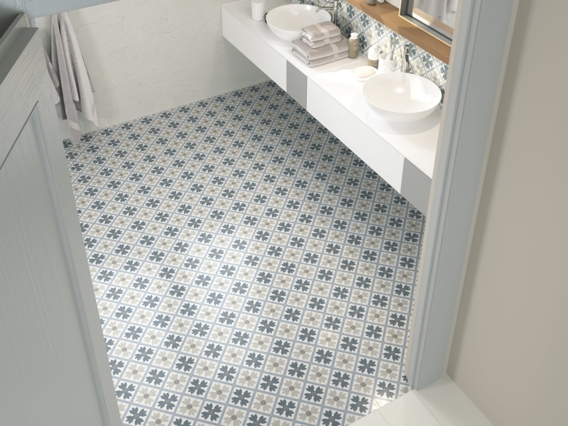 Floor Tile Slate Blue Floral Medallion Motif Matte Finish Airy