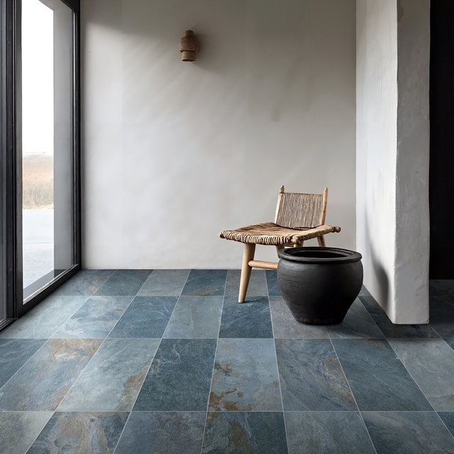 Floor Tile: Slate-Blue Variegation, Matte Stone-Look, Large-Format, Minimalist