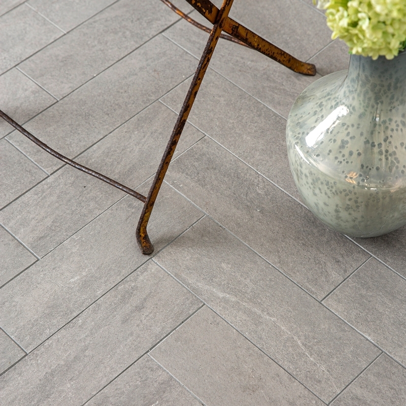 Floor Tile Slate Look Matte Finish Light Grey Herringbone Layout