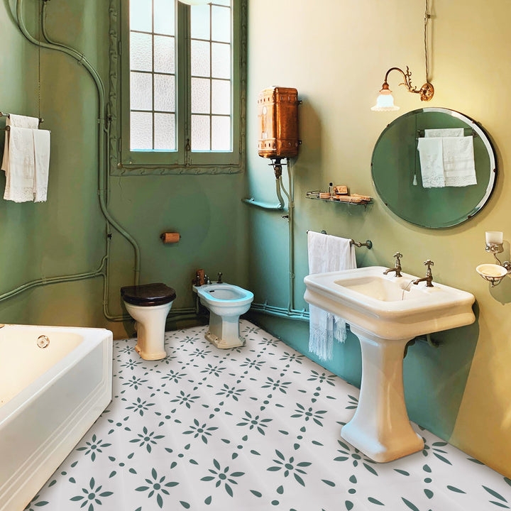Floor Tile Stickers with Sage Green Floral Boho Pattern