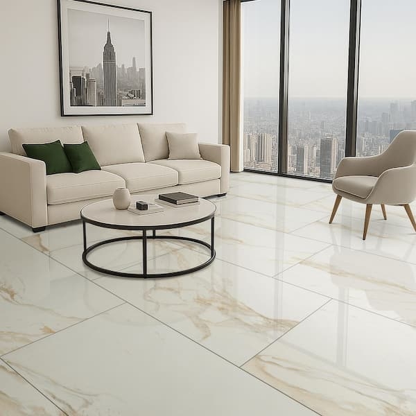 Floor Tile: Subtle Gold Veining Polished White Porcelain