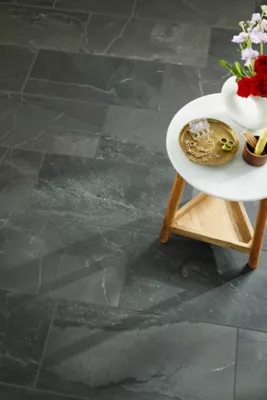 Floor Tile: Subtle White Veining, Durable Stone Look Porcelain Tiles, Slate Texture, Matte
