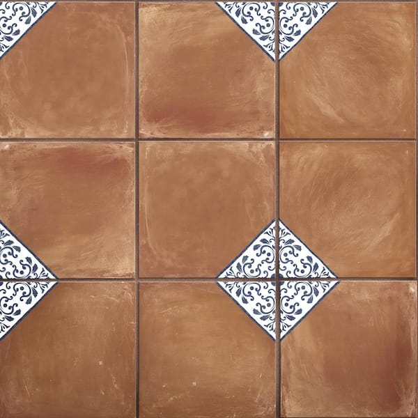 Floor Tile Terracotta Blue White Scroll Corners Interlocking Rustic