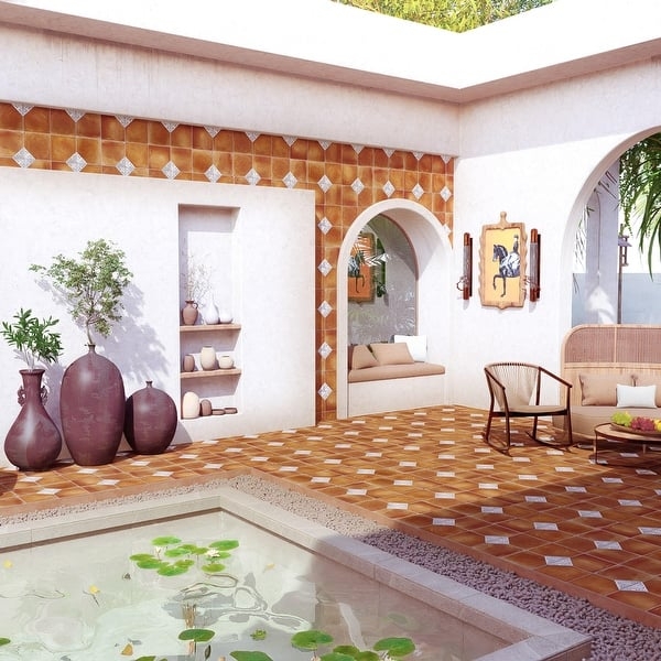 Floor Tile Terracotta Diamond Inlay Geometric Pattern Matte Patio